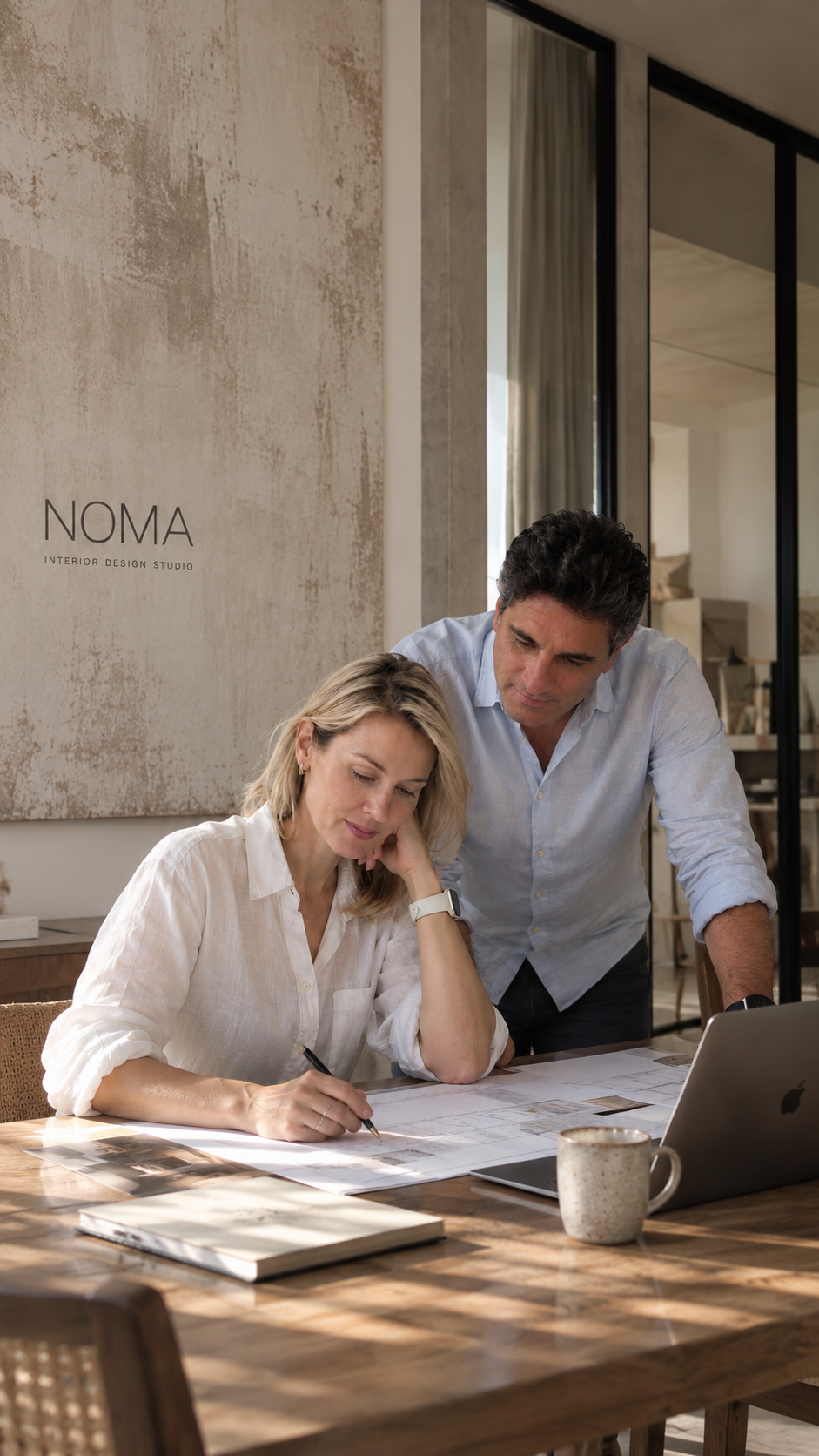 Albina and Michalis working together on interior drawings